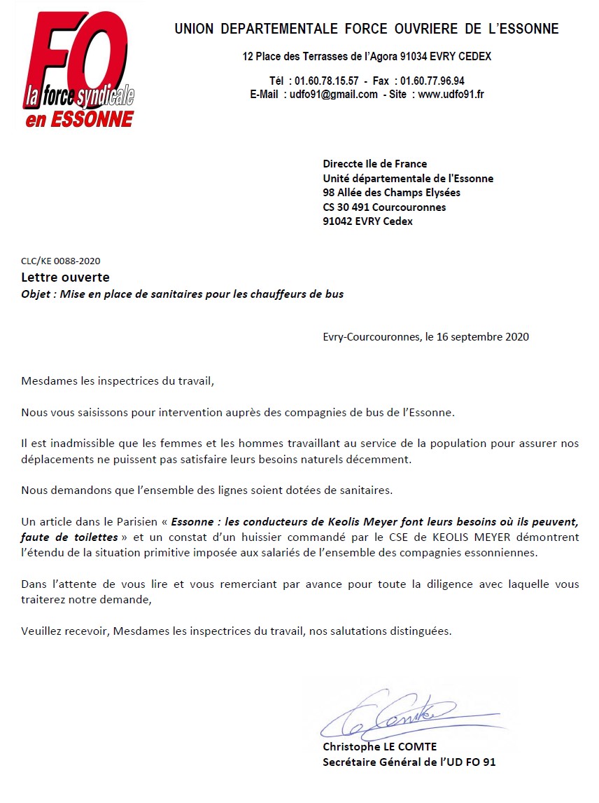 LETTRE OUVERTE A LA DIRECCTE 91  MISE EN PLACE DE SANITAIRES POUR LES