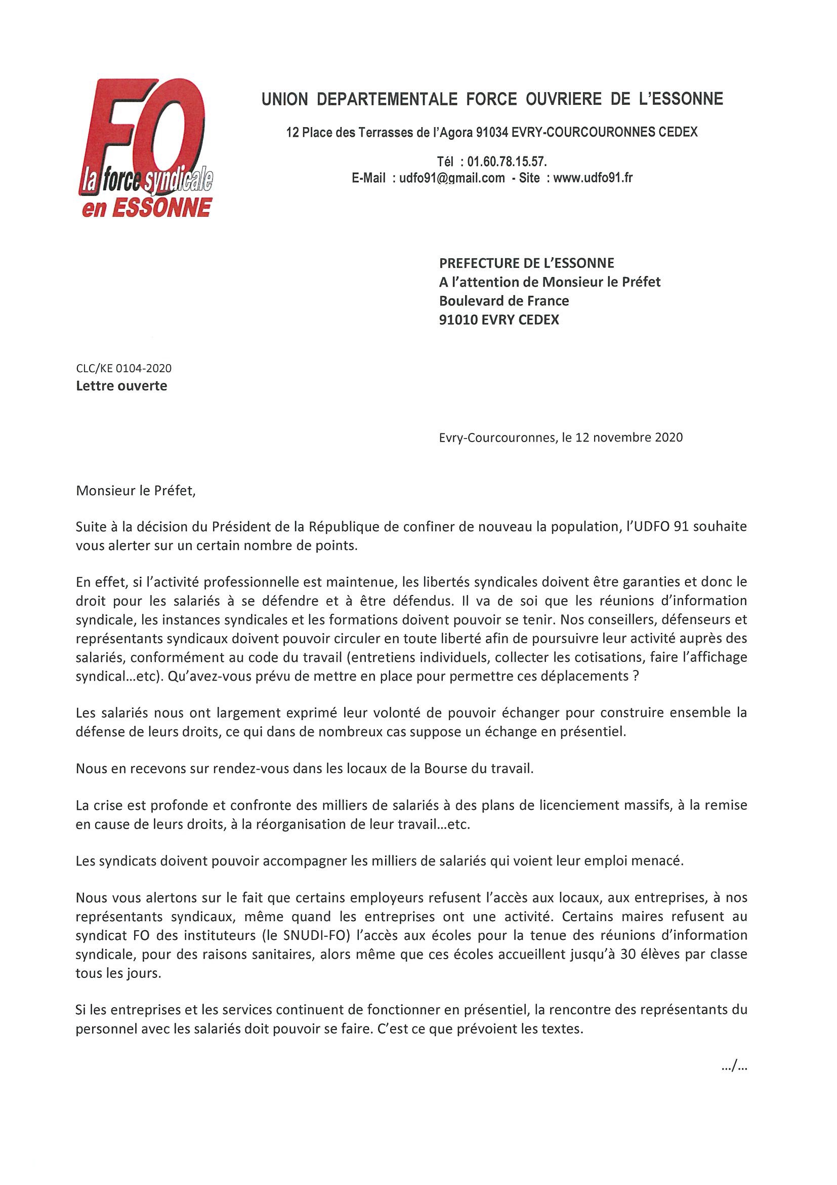 LETTRE OUVERTE AU PREFET DE L'ESSONNE FO en Essonne UD FO 91